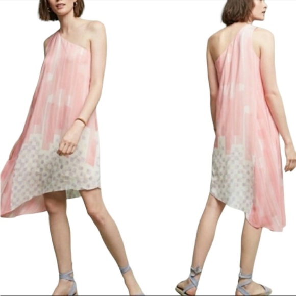 Anthropologie Maeve Pink, Purple, White One Shoulder Silk Dress - Picture 12 of 14